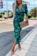 Meridress Deep V Neck Long Sleeve Ruched Slit Printed Bodycon Dress