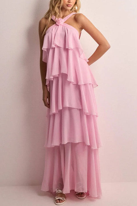 Meridress Sleeveless Open Back Ruffle Layered Maxi Dress