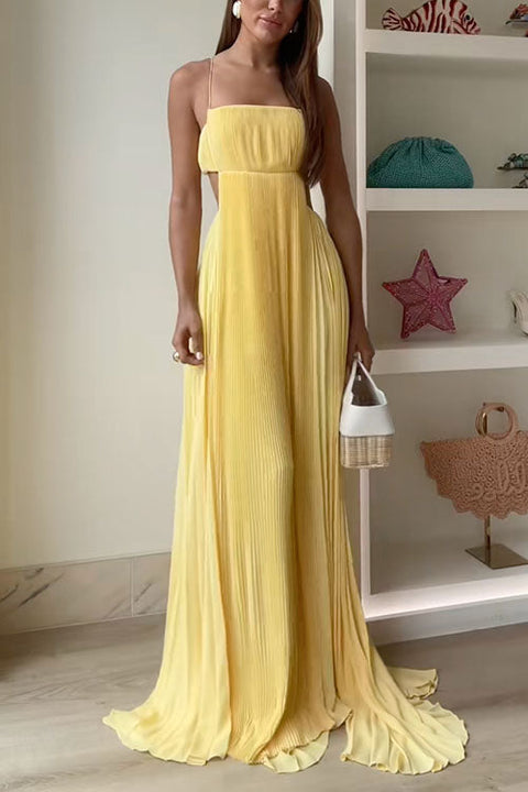 Meridress Spaghetti Strap Back Cut Out Pleated Maxi Dress