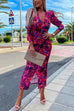 Meridress Deep V Neck Long Sleeve Ruched Slit Printed Bodycon Dress