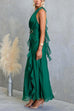 Halter Open Back Gold Buckle Detail Ruffle Slit Maxi Dress