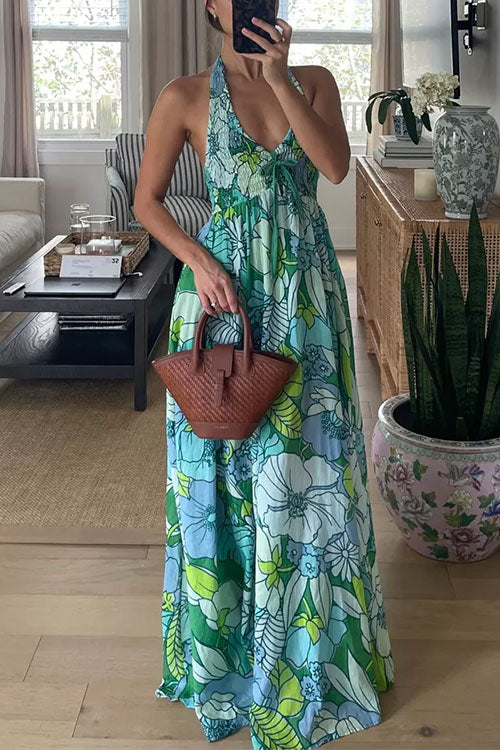 Meridress Halter V Neck Backless Floral Print Maxi Vacation Dress