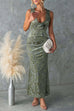 Sleeveless Ruched V Neck Floral Jacquard Maxi Dress