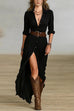 Meridress Lapel V Neck Long Sleeves Button Up Slit Maxi Dress