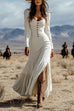 Meridress U Neck Buttop Up Long Sleeves Ruffle Slit Maxi Dress