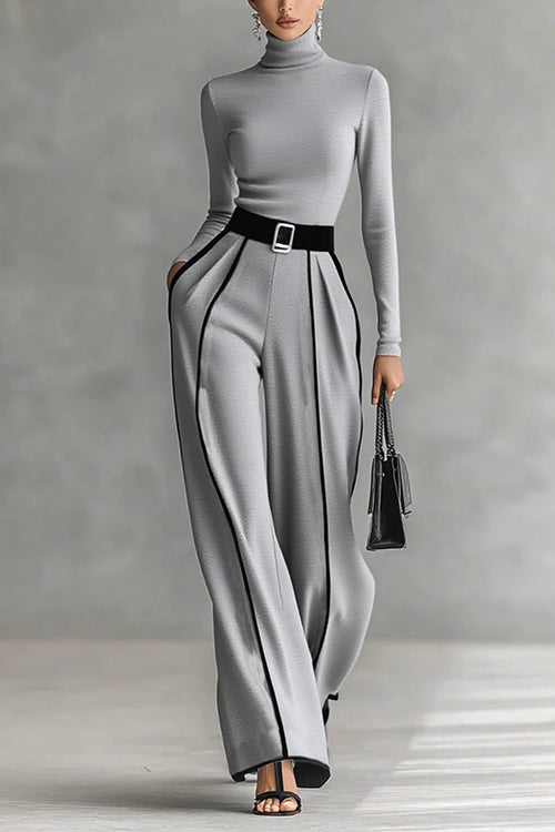 Meridress Turtleneck Long Sleeves Top and Color Block Wide Leg Pants Set