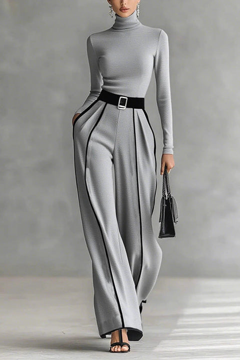 Meridress Turtleneck Long Sleeves Top and Color Block Wide Leg Pants Set