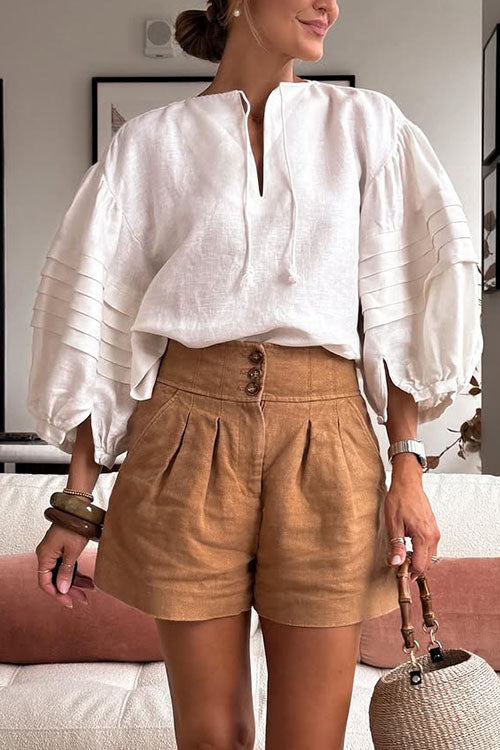 V Neck Ruched Puff Sleeves Casual Top