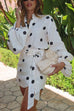 Meridress Polka Dot Balloon Long Sleeves Shirt and Tie Waist Wrap Mini Skirt Set
