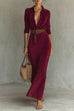 Meridress Long Sleeves Button Up Faux Suede Belted Maxi Dress