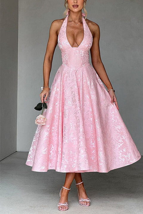 Meridress Halter V Neck Waisted Jacquard Swing Midi Party Dress