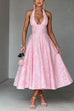 Meridress Halter V Neck Waisted Jacquard Swing Midi Party Dress