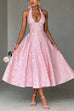 Meridress Halter V Neck Waisted Jacquard Swing Midi Party Dress