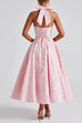 Meridress Halter V Neck Waisted Jacquard Swing Midi Party Dress