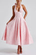 Meridress Halter V Neck Waisted Jacquard Swing Midi Party Dress