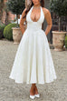 Meridress Halter V Neck Waisted Jacquard Swing Midi Party Dress
