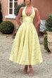 Meridress Halter V Neck Waisted Jacquard Swing Midi Party Dress