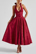 Meridress Halter V Neck Waisted Jacquard Swing Midi Party Dress