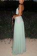 Meridress Deep V Neck Halter Backless Color Block Bow Maxi Dress
