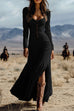 Meridress U Neck Buttop Up Long Sleeves Ruffle Slit Maxi Dress