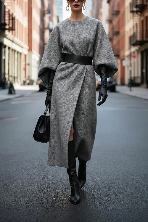 Crewneck Lantern Sleeves Slit Herringbone Wool-Blend Dress with Belt