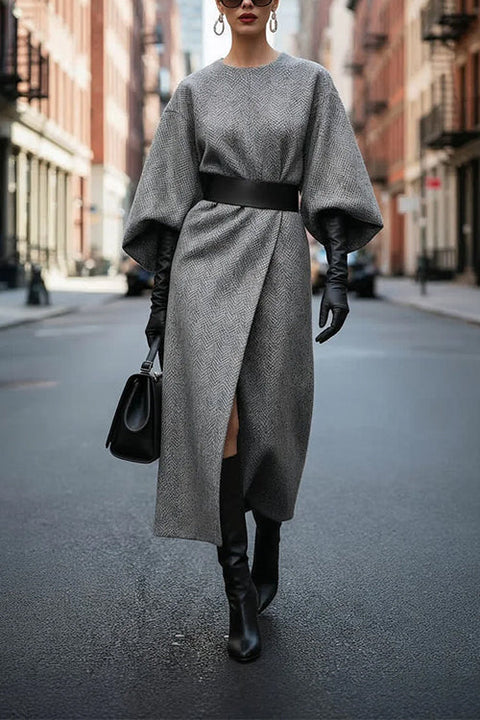 Crewneck Lantern Sleeves Slit Herringbone Wool-Blend Dress with Belt