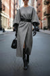 Crewneck Lantern Sleeves Split Herringbone Wool-Blend Belted Dress