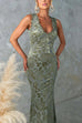 Sleeveless Ruched V Neck Floral Jacquard Maxi Dress
