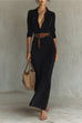 Meridress Long Sleeves Button Up Faux Suede Belted Maxi Dress