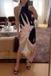 Meridress Halter Neck Open Back Asymmetric Hem Printed Satin Midi Dress