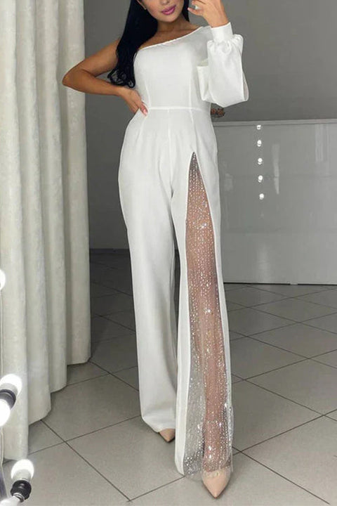 Meridress Stylish One Shoulder Slit Long Sleeve Mesh Splice Wide Leg Jumpsuit