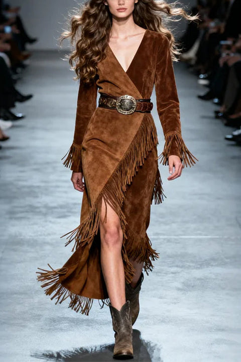 V Neck Long Sleeves Faux Suede Tassel Wrap Maxi Dress