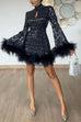 Meridress Stand Collar Feather Trim Sequin Mini Party Dress