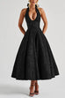 Meridress Halter V Neck Waisted Jacquard Swing Midi Party Dress