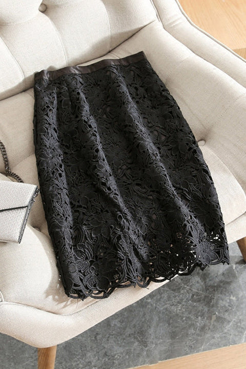 Meridress High Rise Lace Hollow Out Midi Skirt