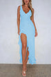 Meridress V Neck Sleeveless Ruffle High Slit Midi Dress