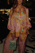 Meridress Unique Print Lantern Long Sleeves Blouse Shirt and Wide Leg Pants Holiday Outfit Set