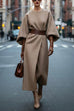 Crewneck Lantern Sleeves Split Herringbone Wool-Blend Belted Dress