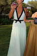 Meridress Deep V Neck Halter Backless Color Block Bow Maxi Dress