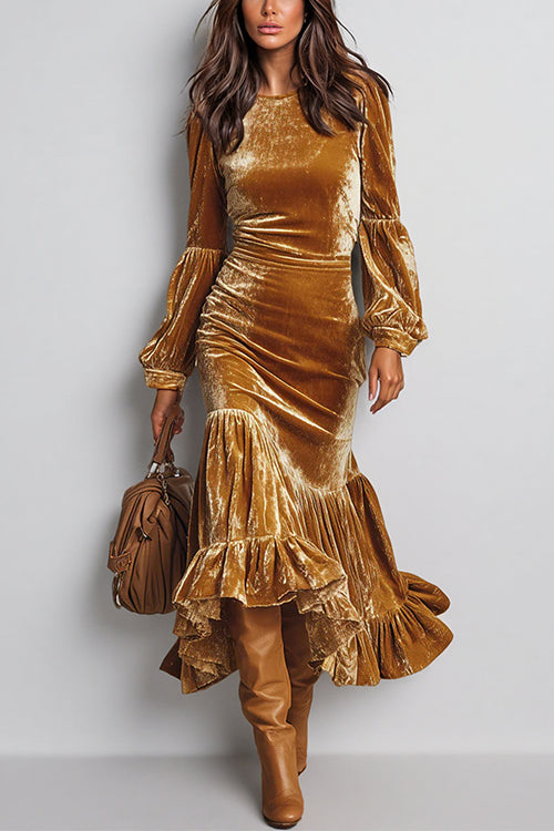 Crewneck Long Sleeves Ruffle Hem Velvet Midi Dress