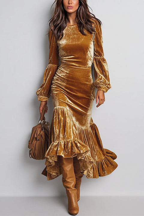 Crewneck Long Sleeves Ruffle Hem Velvet Midi Dress
