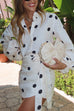 Meridress Polka Dot Balloon Long Sleeves Shirt and Tie Waist Wrap Mini Skirt Set