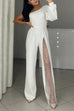 Meridress One Shoulder Long Sleeve Patchwork Wide Leg Jumpsuit