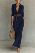 Meridress Long Sleeves Button Up Faux Suede Belted Maxi Dress