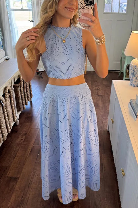 Meridress Lace Hollow Out Sleeveless Crop Top High Waist Maxi Skirt Set