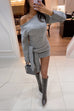 Asymmetrical Shoulder Long Sleeves Tie Waist Knit Mini Dress