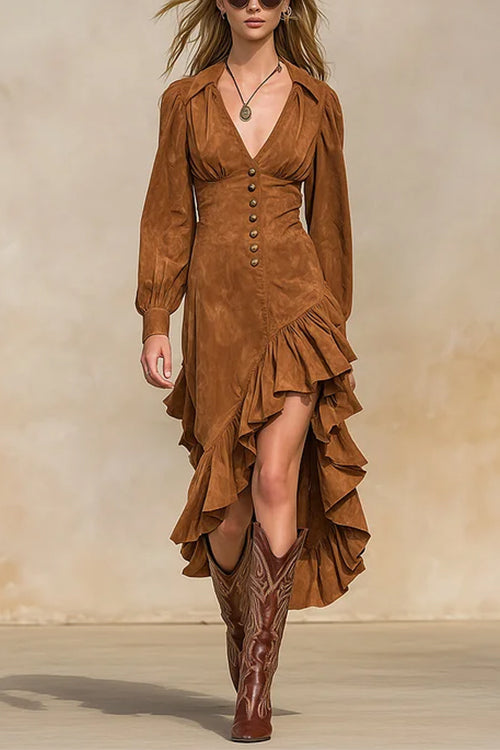 V Neck Long Sleeves Faux Suede Ruffle Hem Midi Dress
