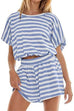 Meridress Striped Short Sleeves Crop Top and Elastic Waist Pocketed Shorts Set
