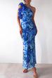 Meridress Ruffle One Shoulder Floral Print Bodycon Maxi Dress