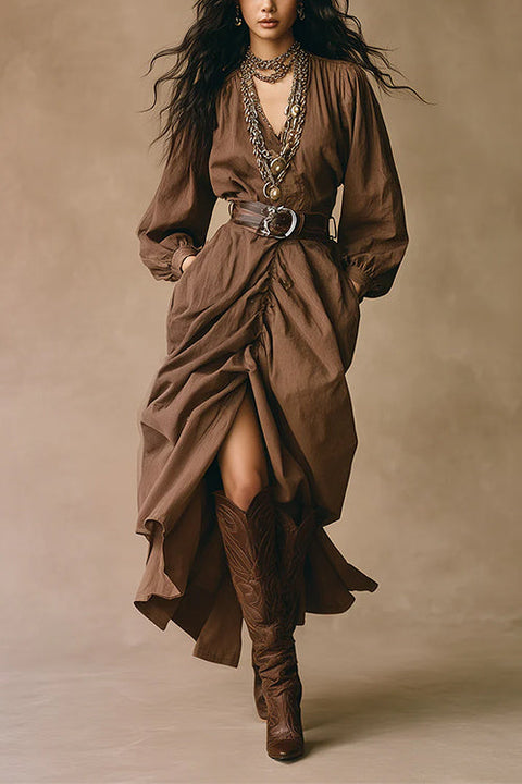 V Neck Long Sleeves Pocketed Ruched Slit Maxi Dress